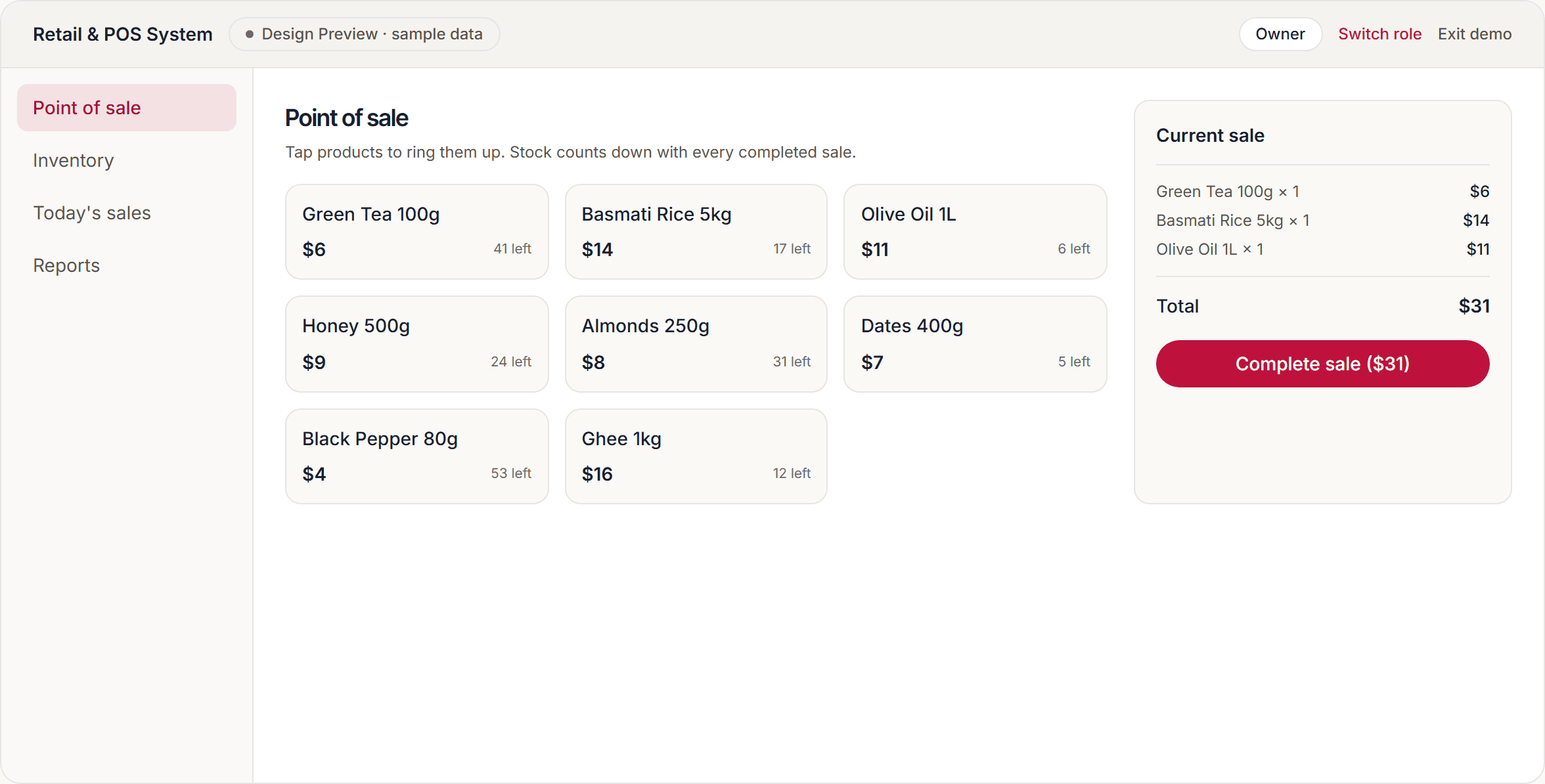The retail demo's point-of-sale screen: a grid of products with prices and remaining stock beside the sale being rung up.