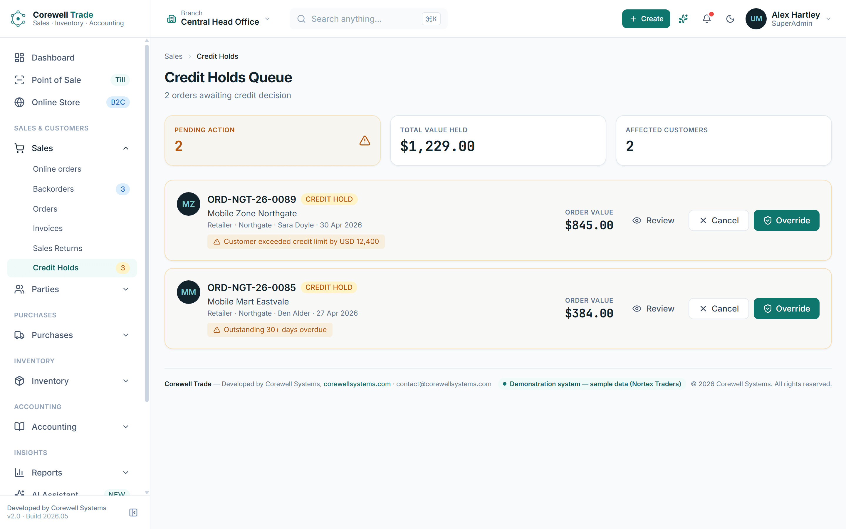 Credit hold queue listing orders stopped for exceeding a customer credit limit