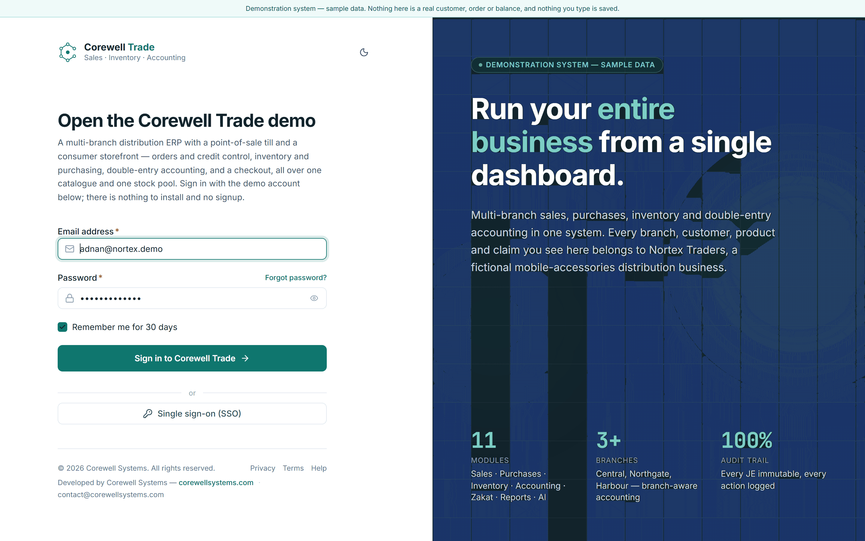Corewell Trade sign-in screen with the demo account filled in and a notice that the data is sample data