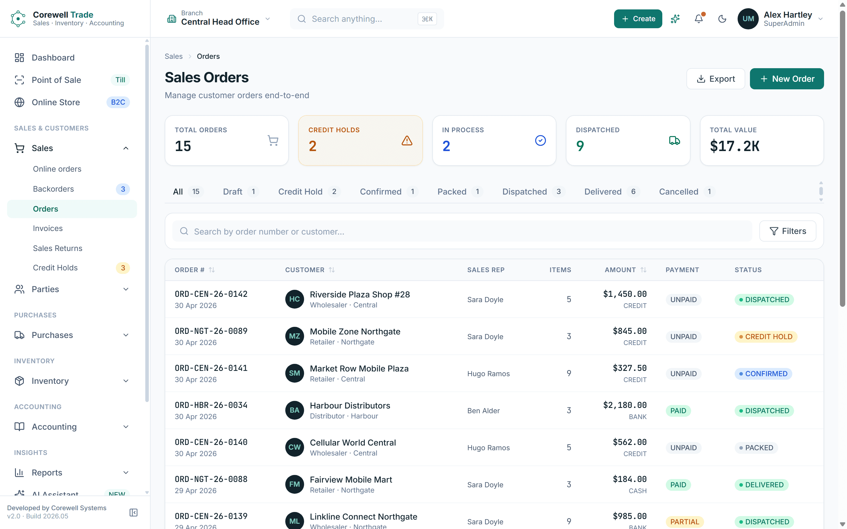 Sales order list showing order numbers, customers, branches, values and statuses
