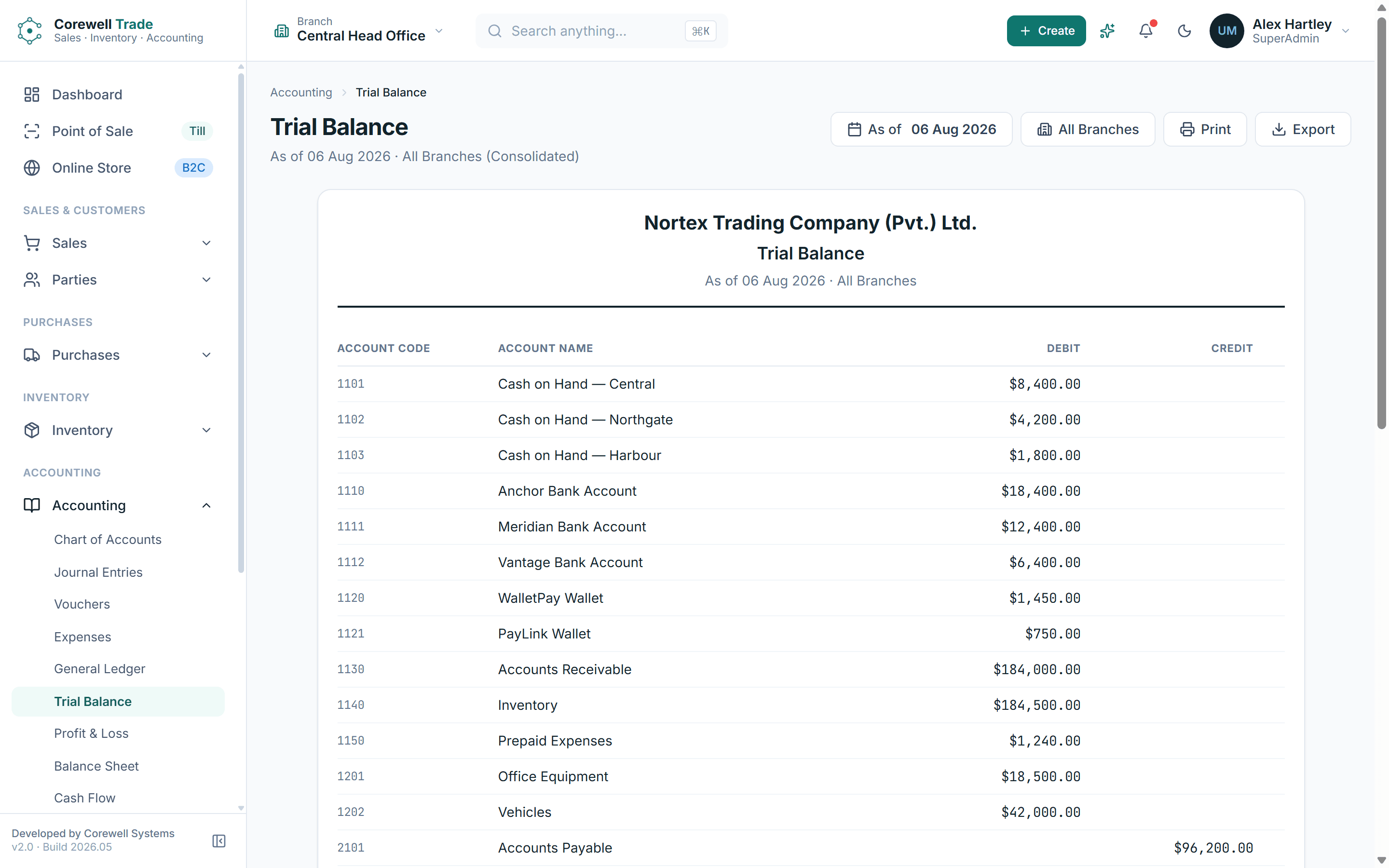 Trial balance report listing accounts with debit and credit columns that agree